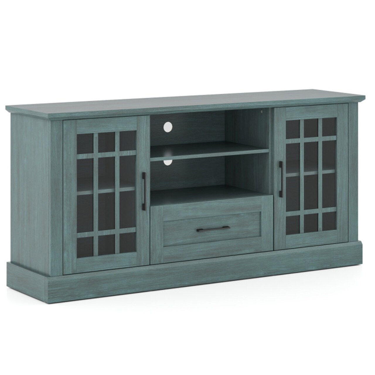 Green Farmhouse TV Stand 62” Media Console with 2 Cabinets, 2 Open Shelves & 1 Drawer, MDF & Glass Frame